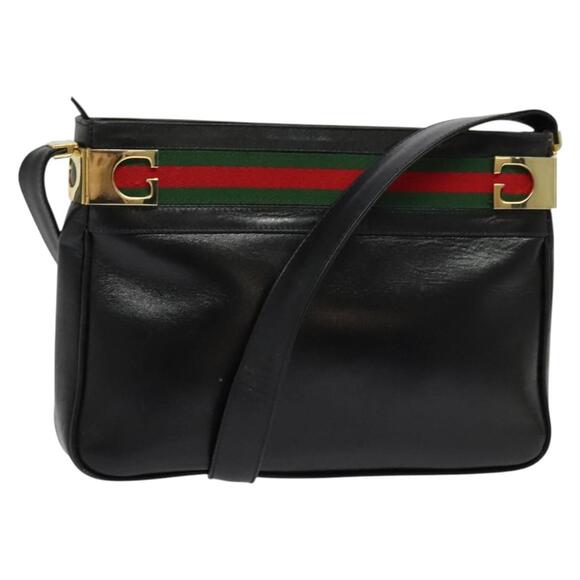 GUCCI Web Sherry Line Shoulder Bag Leather Black Gold - Picture 1 of 16